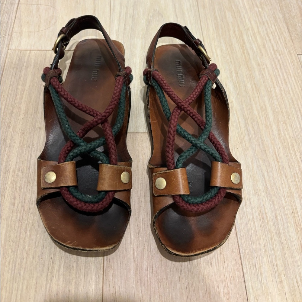 Authentic Miu Miu Rope & Leather Sandals size 38.5 flat cord